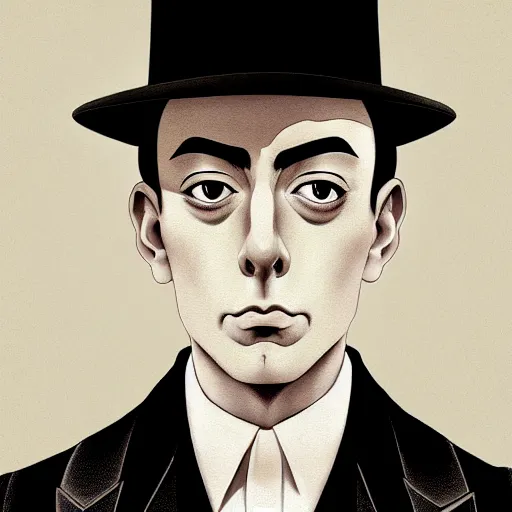 Image similar to portrait of young buster keaton, handsome, smooth, fine, striking features, anime fantasy illustration by araki hirohiko, lucky land communications, david production inc., kyoto studio, madhouse, ufotable, trending on artstation