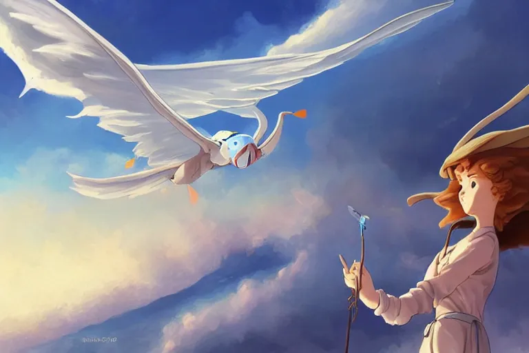 Prompt: A cell animation of girl flying with a bird-shaped white glider over the clowds, Nausicaa of the Valley of the Wind, Miyazaki Hayao, ghibli style, highly detailed, digital painting, concept art, sharp focus, illustration, anime, trending on artstaion