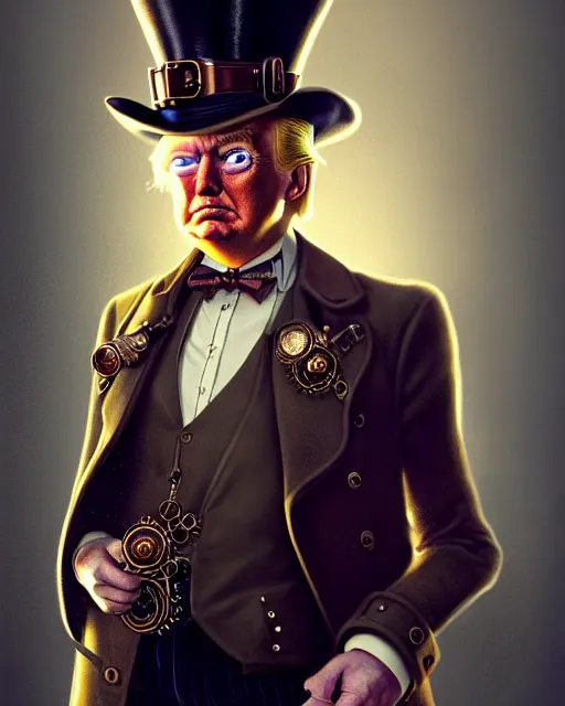 Image similar to steampunk donald trump portrait, handsome, steampunk hat, detective coat, steampunk monocle, complex 3 d render by ilya kuvshinov, peter mohrbacher, greg rutkowski, ryohei hase, dramatic lighting, intricate, highly detailed, sharp focus, luminous, unreal engine, blender, artstation, masterpiece, ray tracing