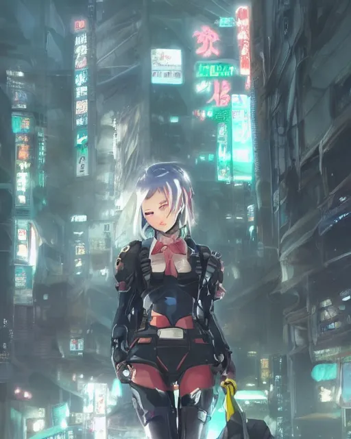 Image similar to portrait of anime girl in mechanic armor in night tokyo by makoto sinkai, my hero academia,cyberpunk, greg rutkowski, perfect face, fine details