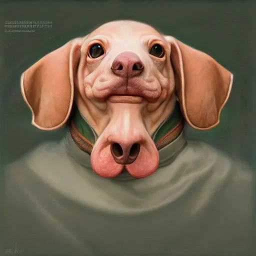 Image similar to blobfish as a dachshund | highly detailed | very intricate | elaborate outfit | symmetrical | cinematic lighting | award - winning | closeup portrait | painted by donato giancola and mandy jurgens and charlie bowater | featured on artstation