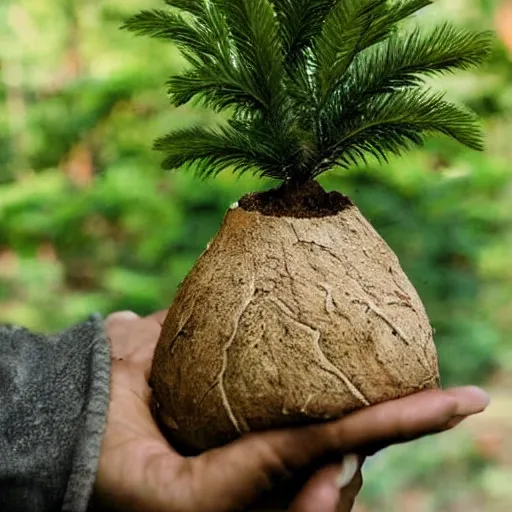 Image similar to A handpalm with a tree growing on top of it