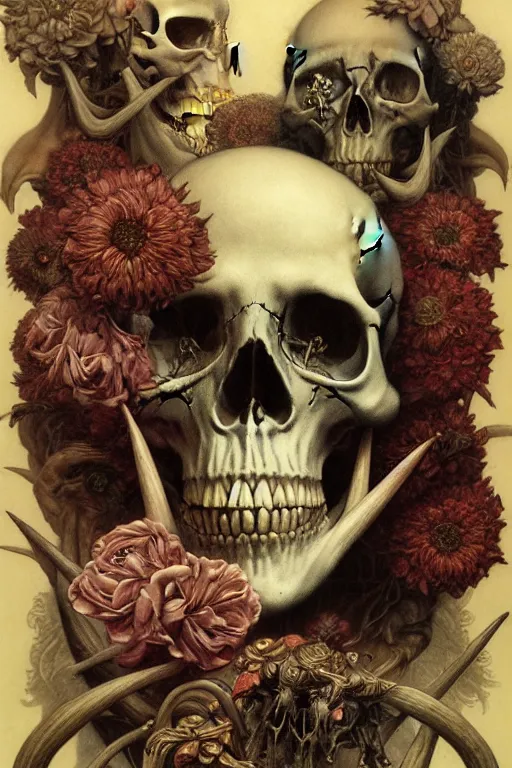 Image similar to portrair of skull candy, flowers and bones in the style of wayne barlowe, gustav moreau, goward, bussiere, roberto ferri, santiago caruso, luis ricardo falero, austin osman spare