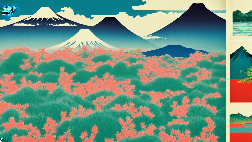 Prompt: japan natural splendor and rural touring, a representational non - abstract collage painting travel poster design, in the style of sholim, wes anderson, david hockney, thom wasselmann, martha rosler, isolated on negative space background bright monochrome spraypaint accents volumetric octane render