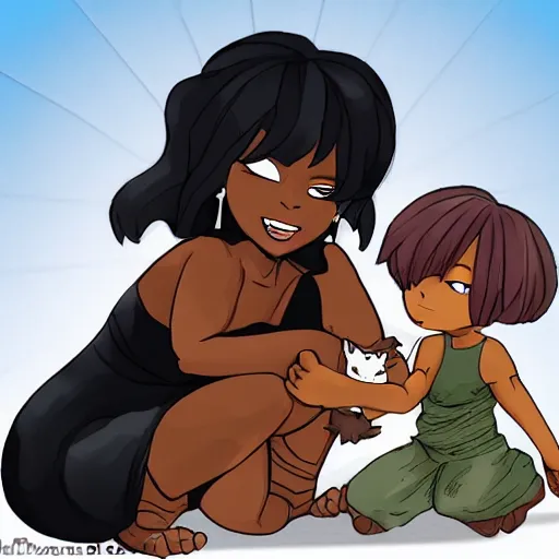 Prompt: Dark skinned girl pets Chibi Godzilla