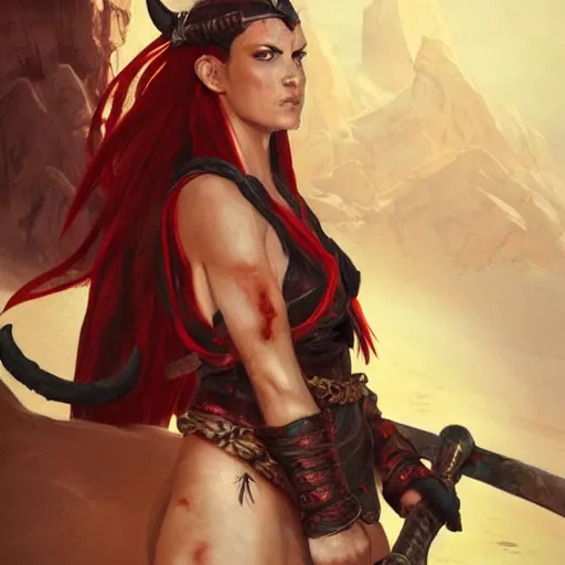 Image similar to Portrait of a strong fierce female berber tiefling barbarian with red skin, straight horns and black hair in a ponytail holding a large scimitar and wearing a steel breastplate in a desert, art by greg rutkowski
