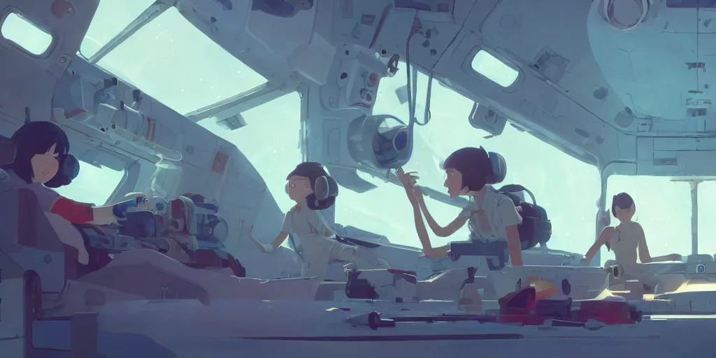 Image similar to young women, landing on the space station settlement, by cory loftis & akihiko yoshida & james gilleard & atey ghailan & makoto shinkai & goro fujita & studio ghibli, rim light, exquisite lighting, clear focus, very coherent, plain background, soft painting, photorealistic, unreal engine 5, 8 k