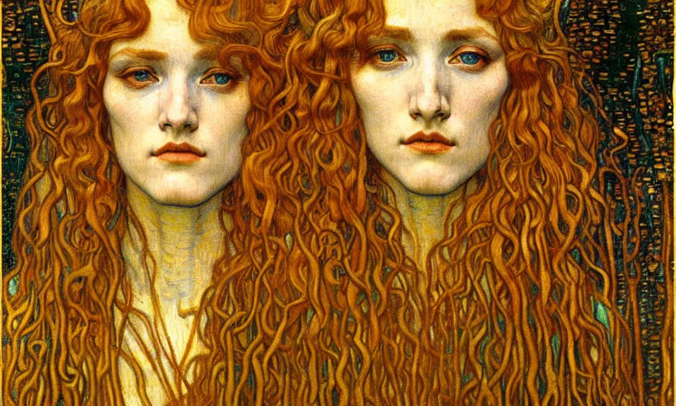 Image similar to detailed realistic beautiful young medieval queen face portrait by jean delville, gustav klimt and vincent van gogh, art nouveau, symbolist, visionary, gothic, pre - raphaelite, muted earthy colors, desaturated