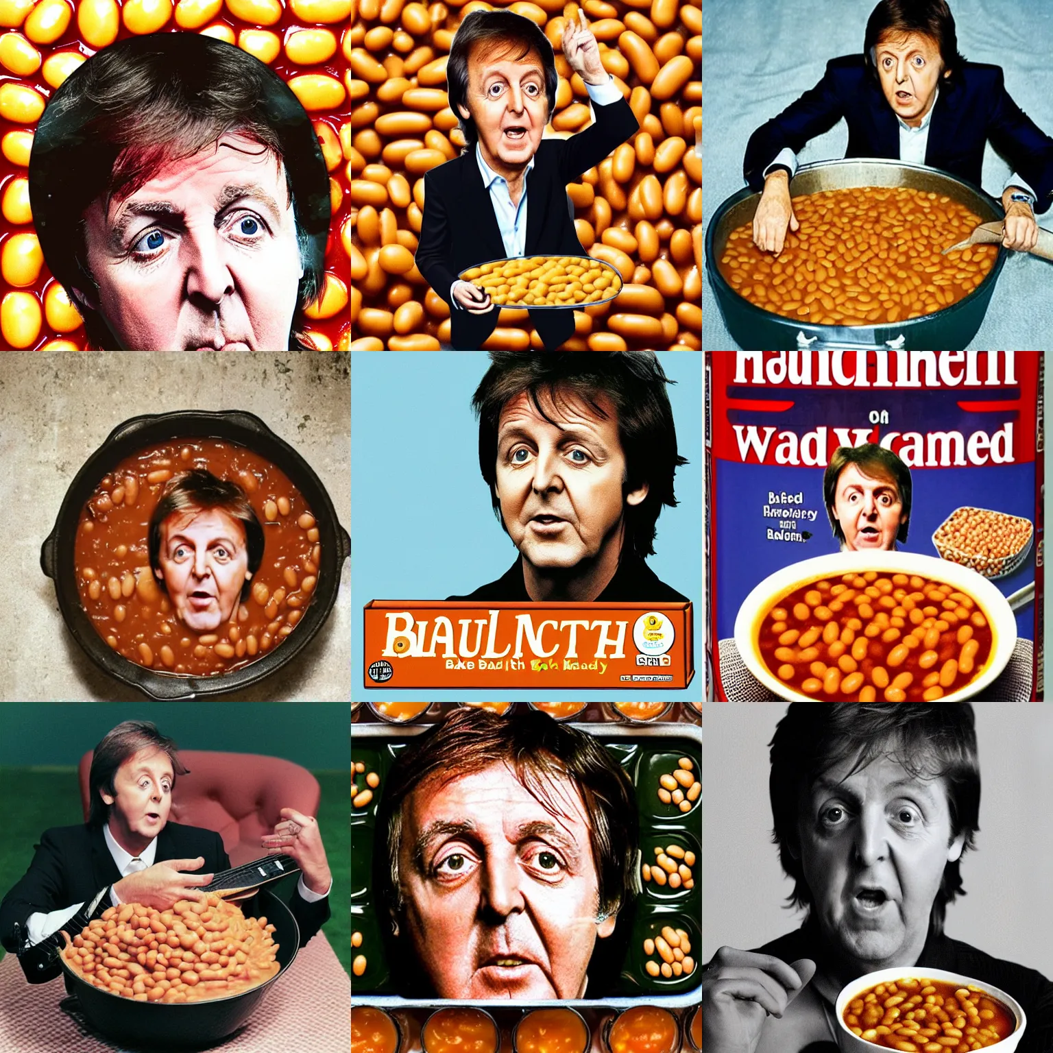 Prompt: paul mccartney in a bath of baked beans