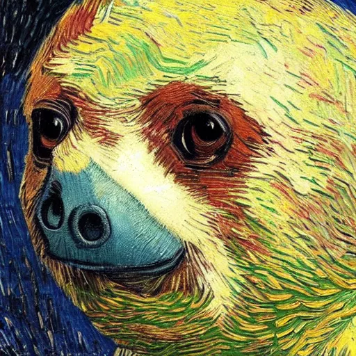 Image similar to a beautiful oil painting of a sloth's face in the style of van Gogh