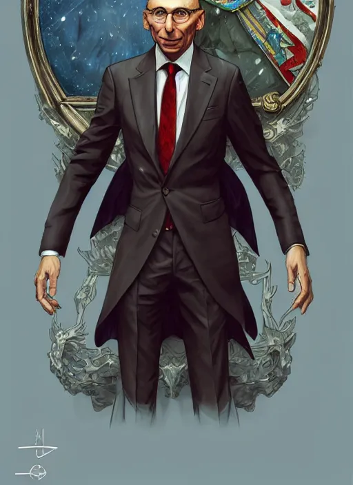 Image similar to enrico letta, wearing a suit, tarot card, deep focus, d & d, fantasy, intricate, elegant, highly detailed, digital painting, artstation, concept art, matte, sharp focus, italian flag, illustration, hearthstone, art by artgerm and greg rutkowski and alphonse mucha