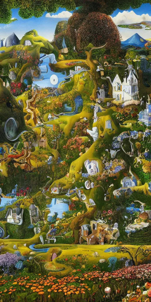 Image similar to a magical realism landscape in wonderland with house and trees by jacek yerka and salvador dali, detailed matte painting, 8 k resolution