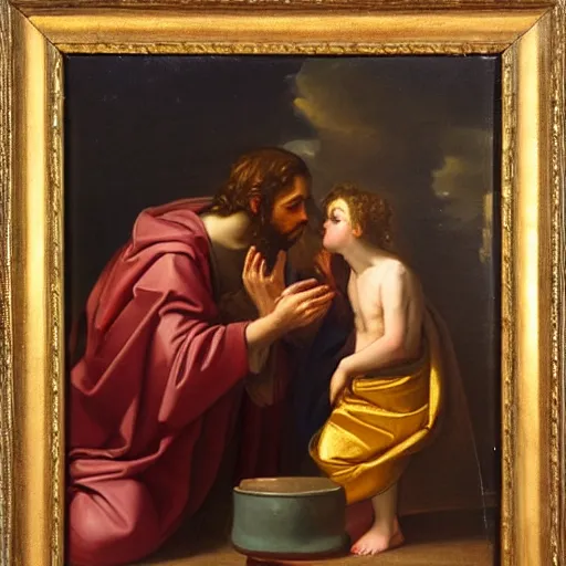 Prompt: 1 8 th oil panting of a jesus kissing with maria maddalena