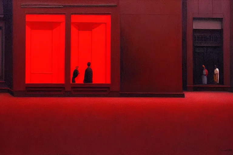 Image similar to only with red, crowd delirious at the sight of a painting, in a city square, in the style of beksinski, parts by edward hopper, parts by rodcenko, parts by yue minjun, intricate and epic composition, red by caravaggio, insanely quality, highly detailed, masterpiece, red light, artstation, 4 k