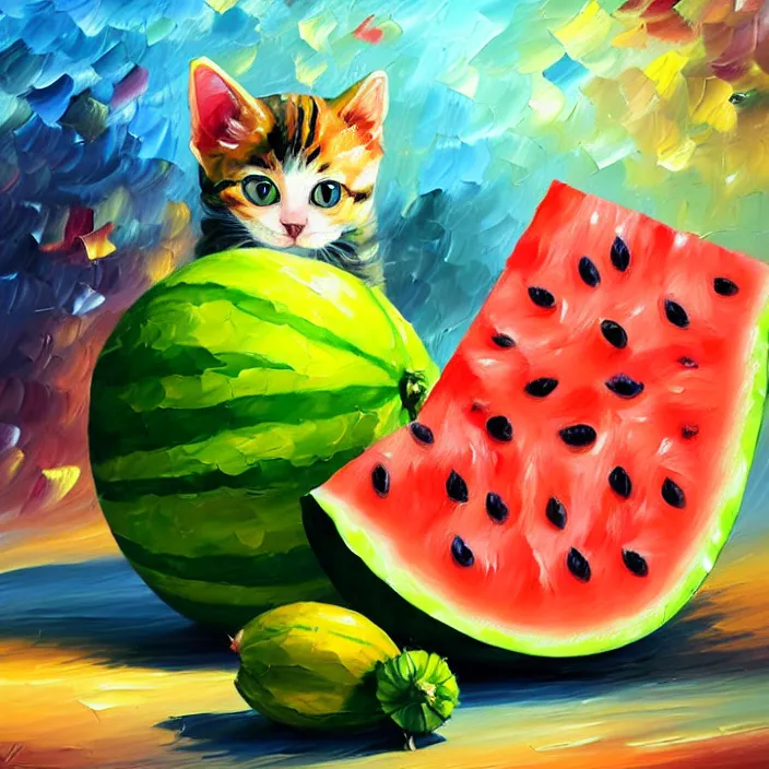 Image similar to colourful painting of cute little kitty and watermelon, art in paul lehr and leonid afremov style, close shot, bright, evening, soft lighting, focus, masterpiece art