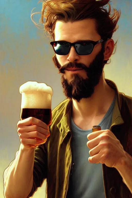 Image similar to a young man wearing raybands holding a beer giving a thumbs up with a long beard, real life skin, intricate, elegant, highly detailed, artstation, concept art, smooth, sharp focus, art by artgerm and greg rutkowski and alphonse mucha