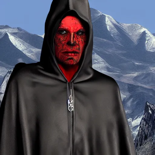 Image similar to a realistic full body of Konnor, a dragonblood, a black hood with black robes, extremely realistic and detailed, standing in front of a mountain