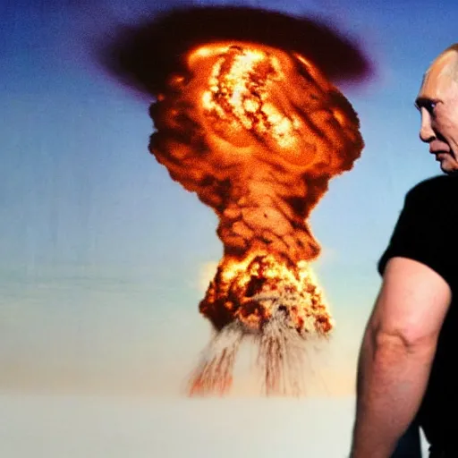 Image similar to a huge nuclear mushroom cloud explodes behind a grief stricken vladimir putin, photorealistic, apocalyptic - h 6 4 0