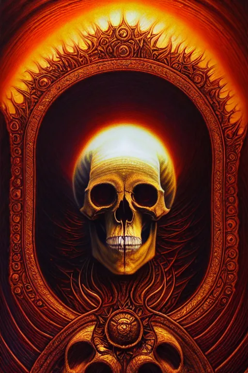 Prompt: A beautiful detailed deeath sun godness, tarot card, by tomasz alen kopera and Justin Gerard, symmetrical features, ominous, magical realism, texture, intricate, ornate, royally decorated, skull, skeleton, whirling smoke, embers, red adornements, red torn fabric, radiant colors, fantasy, trending on artstation, volumetric lighting, micro details, 3d sculpture, ray tracing, 8k, anaglyph effect