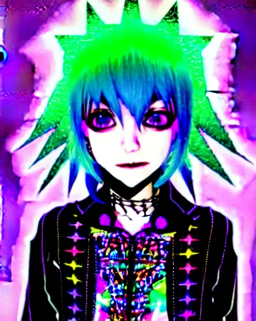 Prompt: a hologram of decora styled yotsuba koiwai wearing a gothic spiked jacket, holography, irridescent, baroque visual kei decora art