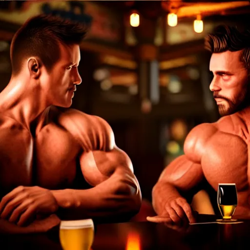 Image similar to cinematic scene with attractive muscular male and another attractive muscular male, drinking their hearts out, in the pub, dramatic, small details, volumetric lighting, still frame