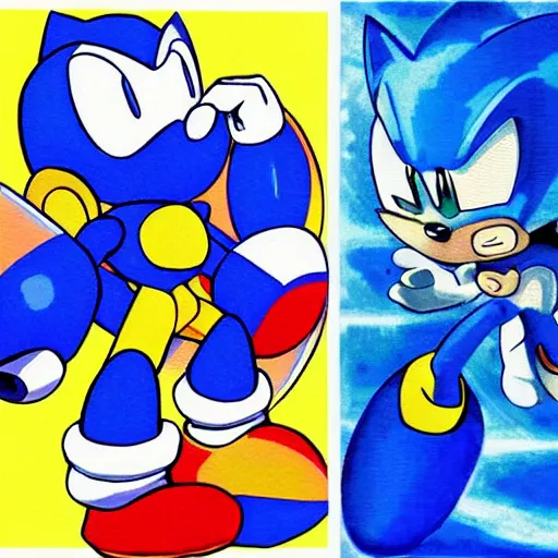 Prompt: Megaman fighting Sonic the Hedgehog, Painted By Akari Toriyama