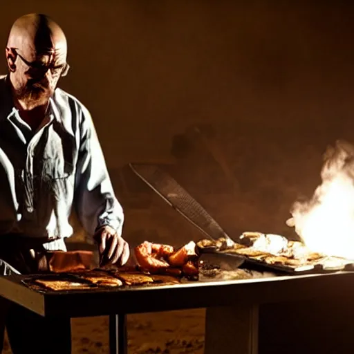 Image similar to Walter White grilling steaks in the desert, intense lighting, still from breaking bad