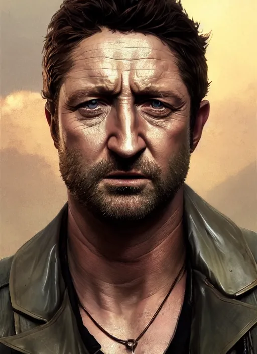 Image similar to Highly detailed portrait of Gerard Butler, in GTA V, Stephen Bliss, unreal engine, fantasy art by Greg Rutkowski, Loish, Rhads, ferdinand knab, Makoto Shinkai and Lois van baarle, ilya kuvshinov, rossdraws, Tom Bagshaw, alphonse mucha, global illumination, radiant light, detailed and intricate environment