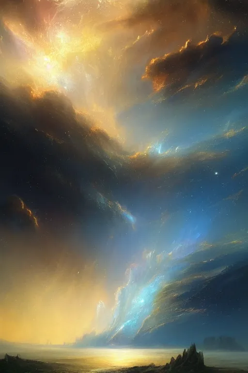 Image similar to A beautiful illustration of a >a colorful nebula kitten galaxy colored Ecru, art by J.M.W. Turner< in the distance landscape surrounded by a lake, hills, blue sky with big clouds by greg rutkowski,borisut chamnan, makoto shinkai and thomas cole, graphic art, anime culture,featured on behance, digital art wallpapers