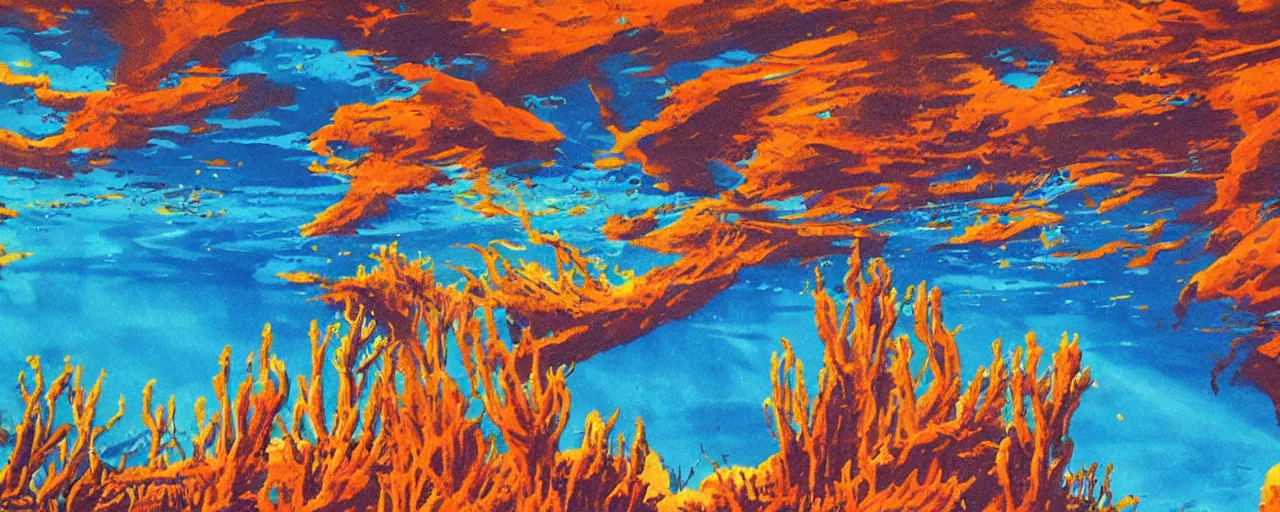 Prompt: a desert underwater super detailed acrylic painting, movie poster 7 0's