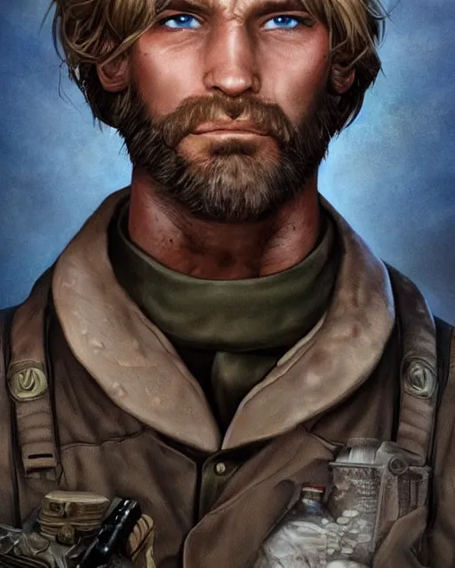 Image similar to portrait of muscular, tired and alcoholic 3 0 - year - old handsome man with short darkblonde hair, serious sad look in his eyes, dirty beard, blue eyes, wearing dirty soldier uniform, on the desert, hyper realistic face, beautiful eyes, character art, art by mark brooks, hyperdetailed, cryengine, trending on artstation, digital art