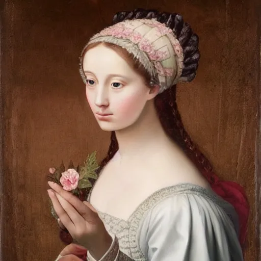 Image similar to portrait of a young lady pink cheeks wearing renaissance dress pale grey and white flowers in the style of renaissance oil painting background renaissance paintings with gold