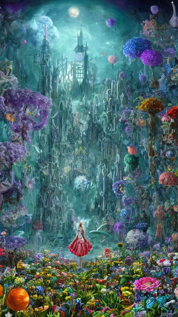 Prompt: a centered render of intricate modular synthesizer of alice in wonderland, shining its light across a tumultuous sea of flowers in space, undersea animals and gothic crystal church and mutant robots and vintage house tunnels by dorothea tanning and salvador dali, trending on artstation, cyber punk, high contrast, unreal engine, high detailed, 8 k