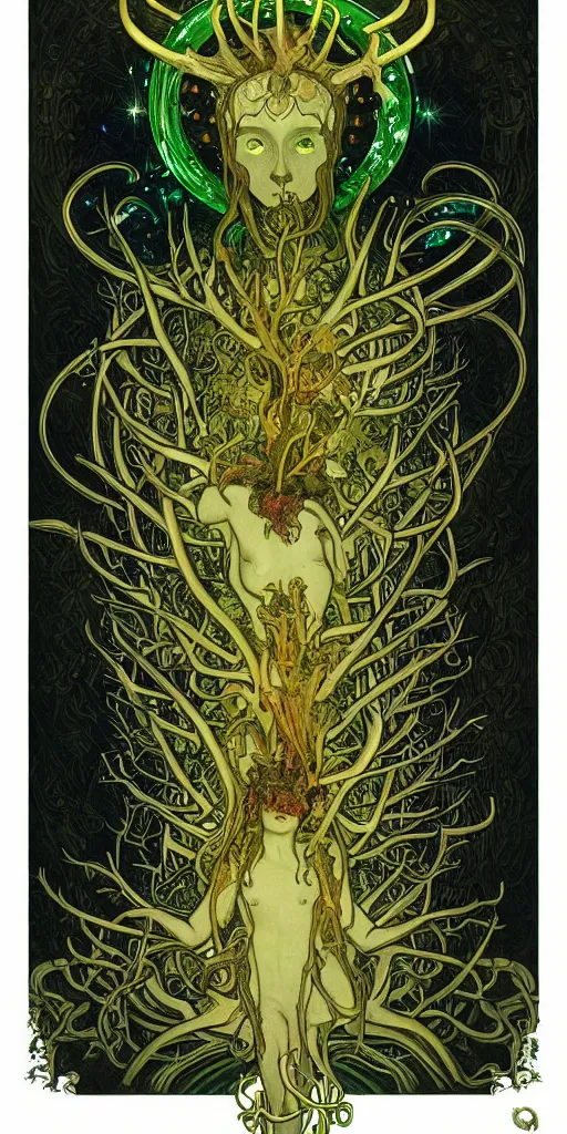 Prompt: intense glowing pagan fungus god with antlers and tentacles and intense glowing eyes and a mossy skull in very dark cosmic space by alphonse mucha and karol bak and h r giger, portrait, fantasy, clear, light beams, lens flare, intense, uhd, amazing depth, cinematic lighting, deep green and black and shining gold