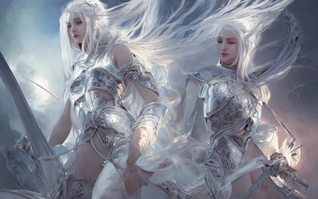 Image similar to white hair knights of zodiac girl, sliver ice color reflected armor, bushido fighting in ruined agora of athens sunrise, ssci - fi and fantasy, intricate and very very beautiful and elegant, highly detailed, digital painting, artstation, concept art, smooth and sharp focus, illustration, art by tian zi and wlop and alphonse mucha