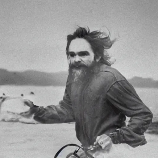 Prompt: charles manson riding a flying fish