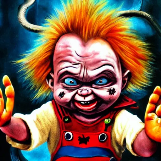 Prompt: fantasy painting of chucky by dr seuss | horror themed | creepy