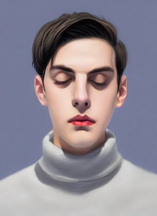 Image similar to portrait of teenage jughead jones wearing a light grey crown, crown, blue turtleneck, 1 9 5 0 s, closed eyes, photorealistic, black hair, glowing lighting, intricate, elegant, glowing lights, highly detailed, digital painting, artstation, concept art, smooth, sharp focus, illustration, art by wlop, mars ravelo and greg rutkowski