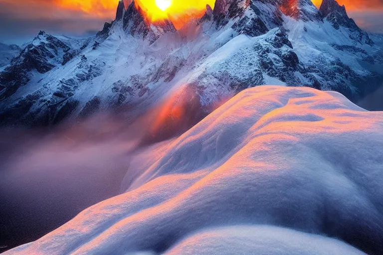 Image similar to amazing landscape photo of snowy mountains at sunset by marc adamus beautiful dramatic lighting