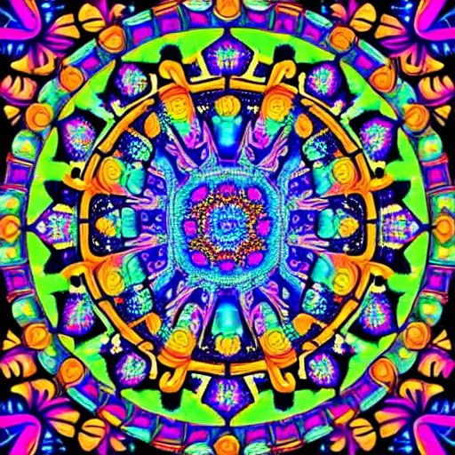 Prompt: vividly colored ornate psychedelic mandala pattern, intricate detail, complex patterns, high detail, symmetry