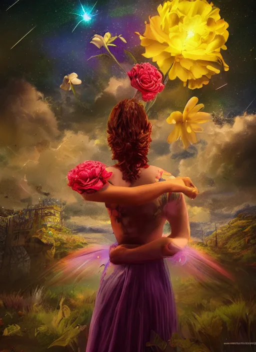 Prompt: An epic fantastic realism comic book style painting of the most beautiful twirling flowers launched across the dark and starry sky, bouquets, fisheye lens, unreal 5, DAZ, hyperrealistic, octane render, dynamic lighting