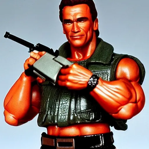 Prompt: a 12 inch action figure of Arnold Schwarzenegger from Commando. Big muscles. Holding an automatic rifle in his hands. Plastic shiny. Full body feet and head