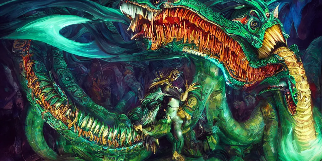 Image similar to Quetzalcoatl  the feathered serpent deity by Liam Wong and Boris Vallejo