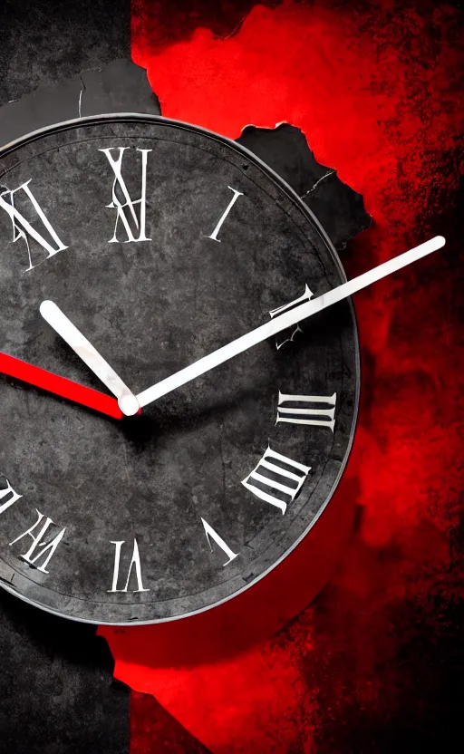 Image similar to a melting Roman numeral clock, behind a red and black gradient background, awith a black heart shaped on the top left corner and a black diamond card shape in the bottom right corner, dynamic lighting, photorealistic fantasy concept art, trending on art station, stunning visuals, cinematic, creative, ultra detailed