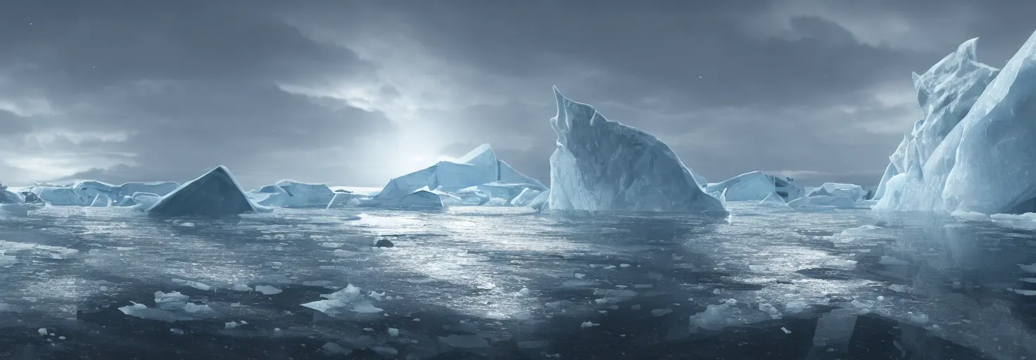 Prompt: A large ship sailing in the mother Arctic, with the ice floe cracking and icebergs surrounding it, cinematic lighting, extremely detailed, ultra realistic, trending on artstation, 8K