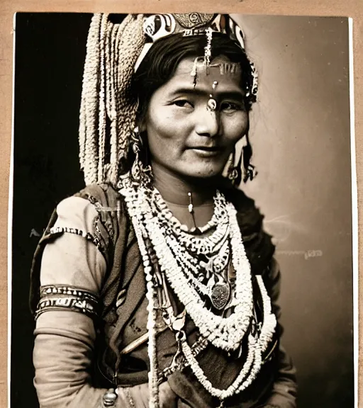 Prompt: vintage_portrait_photo_of_a_beautiful_nepalese_maiden with jewellery in the himalayan mountains