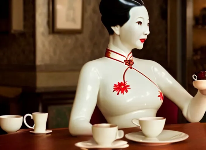 Image similar to movie still of a beautiful woman made out of porcelain sitting at a table in a cafe, wearing a red cheongsam, smooth white skin, creepy, single tea cup in foreground, directed by Guillermo Del Toro