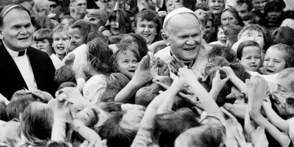 Prompt: John Paul II with a smirk on his face surrounded by children