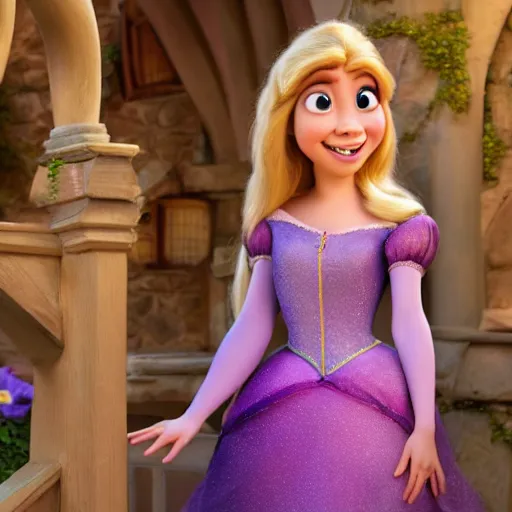 Image similar to Jennette McCurdy as Rapunzel in disney tangled live action, 8k full HD photo, cinematic lighting, anatomically correct, oscar award winning, action filled, correct eye placement,