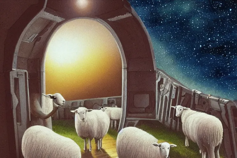 Image similar to sheep in the bridge of a Starship